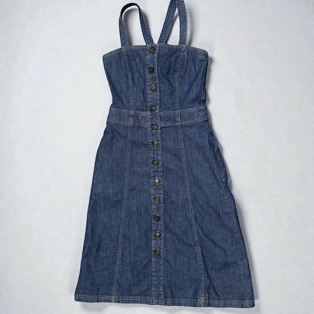 Y2K 2000s Blue Denim Button Front Dress Size Small Fitted Midi